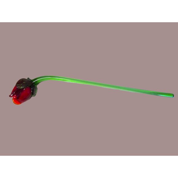 Hand Blown Long Stem Red Rose Bud Glass Flower - Picture 10 of 14